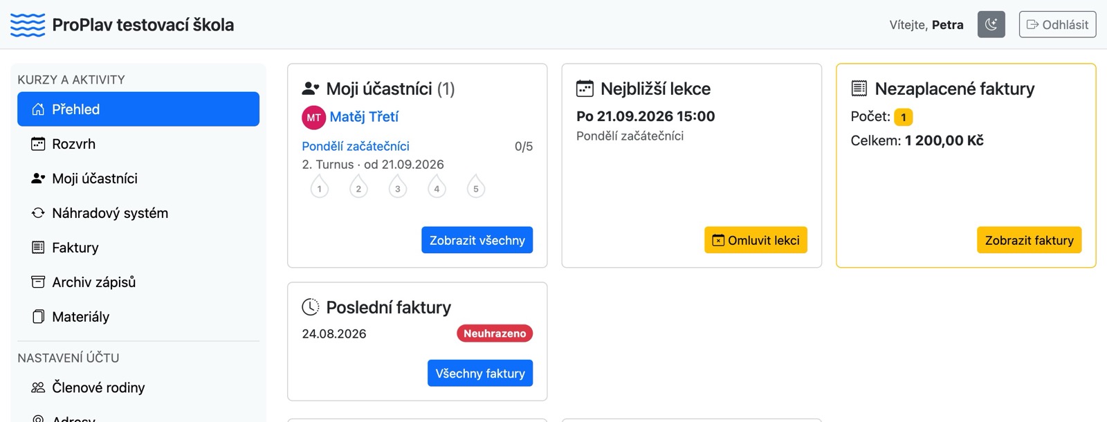 Portál pro rodiče v ProPlavu: moji účastníci, nejbližší lekce a nezaplacené faktury