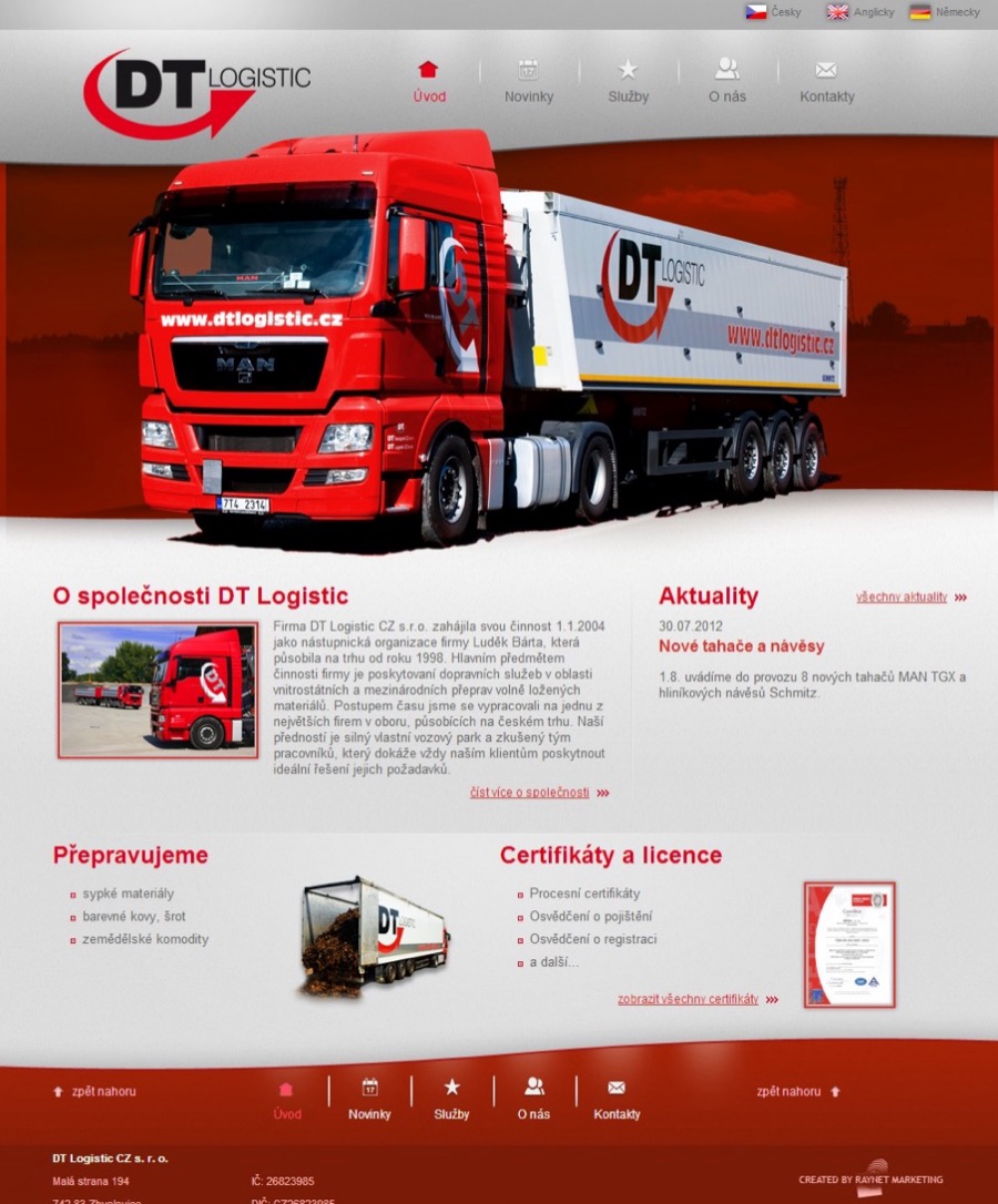 Firemní web dopravní firmy DT Logistic s červeným nákladním vozem